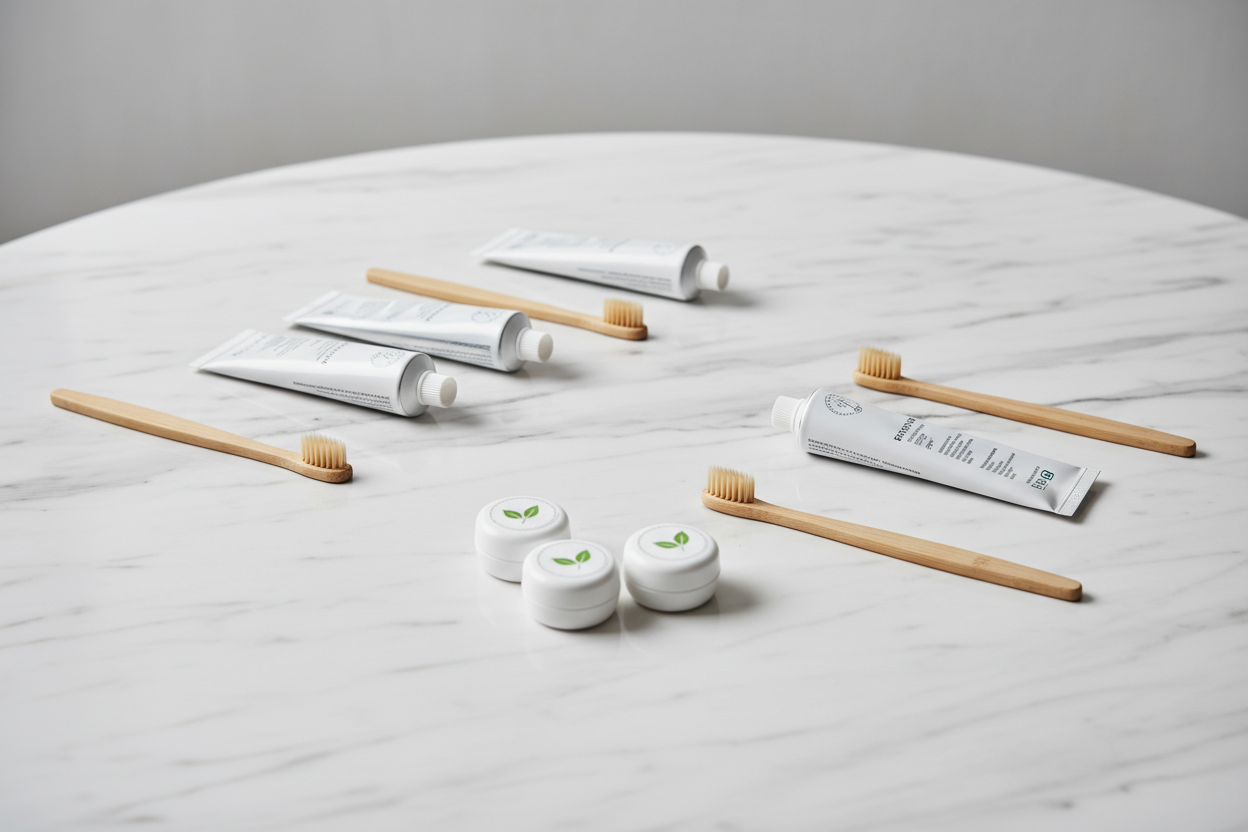 toothbrushes, toothpastes, flosses, clean on a table that looks like a marble table